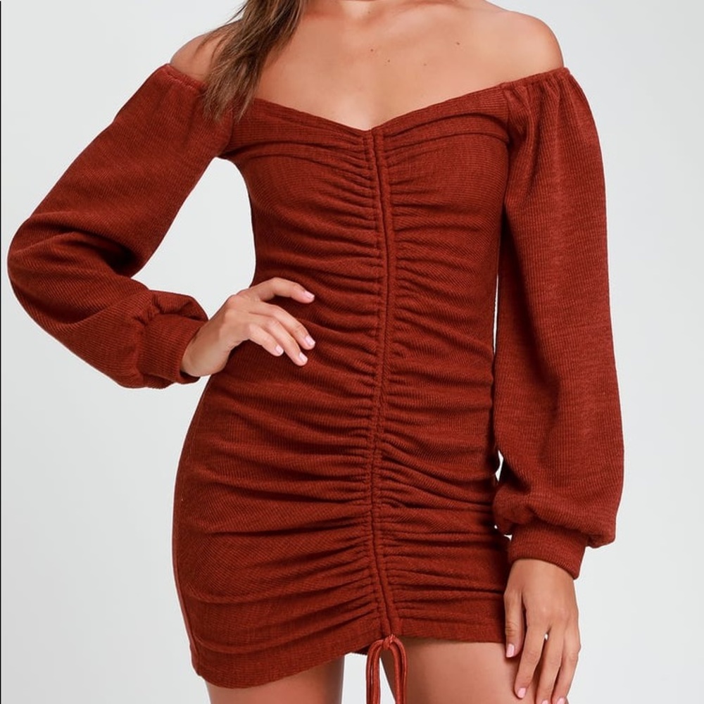 LULUS Rust Ruched Off-the-Shoulder Bodycon Dress - Picture 2 of 4